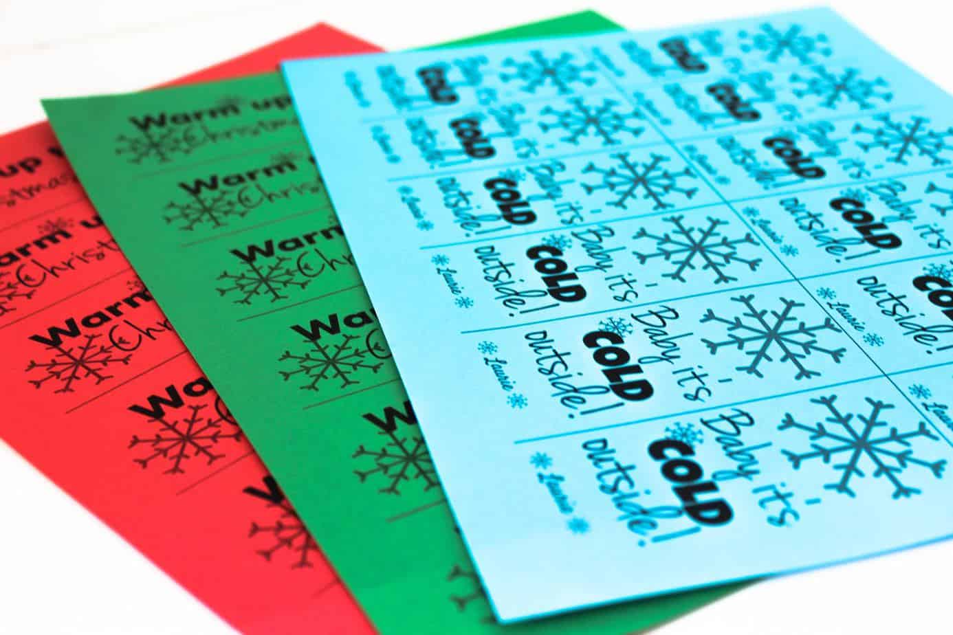 printable hot chocolate tags on red, green, blue paper