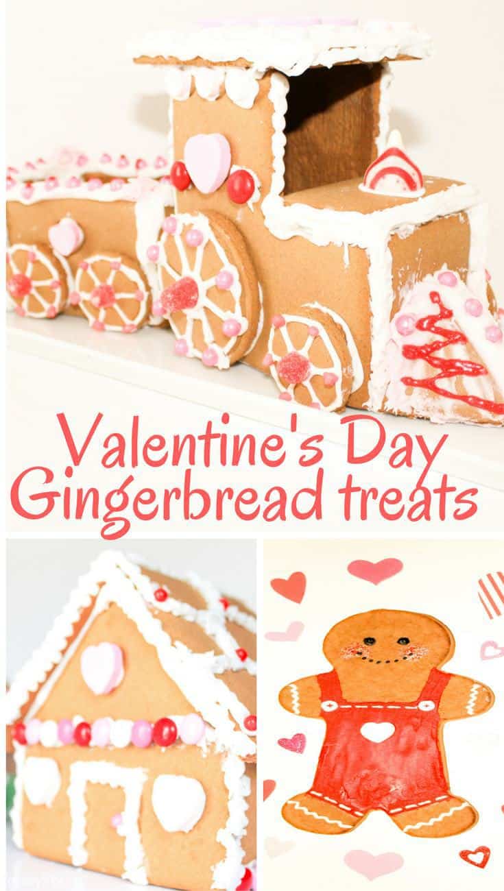 Gingerbread train, cottage and boy with title "Valentine's Day Gingerbread treats"