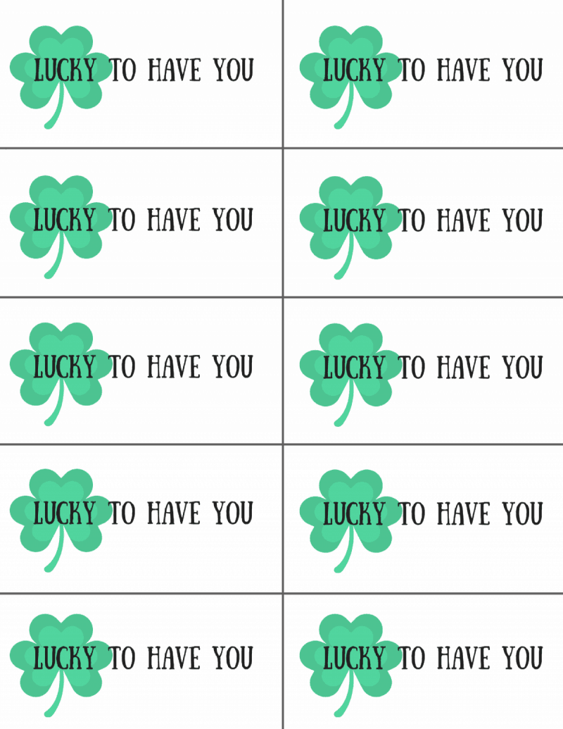 Example sheet of 10 gift tags with four leaf clover that say "Lucky to have you"