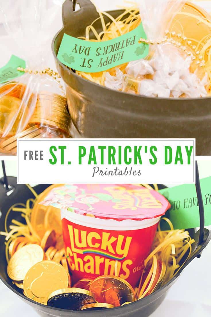 Black pot with gold coins, yellow Easter grass, and Lucky Charms cereal. Says  "Free St Patricks Day Printables"