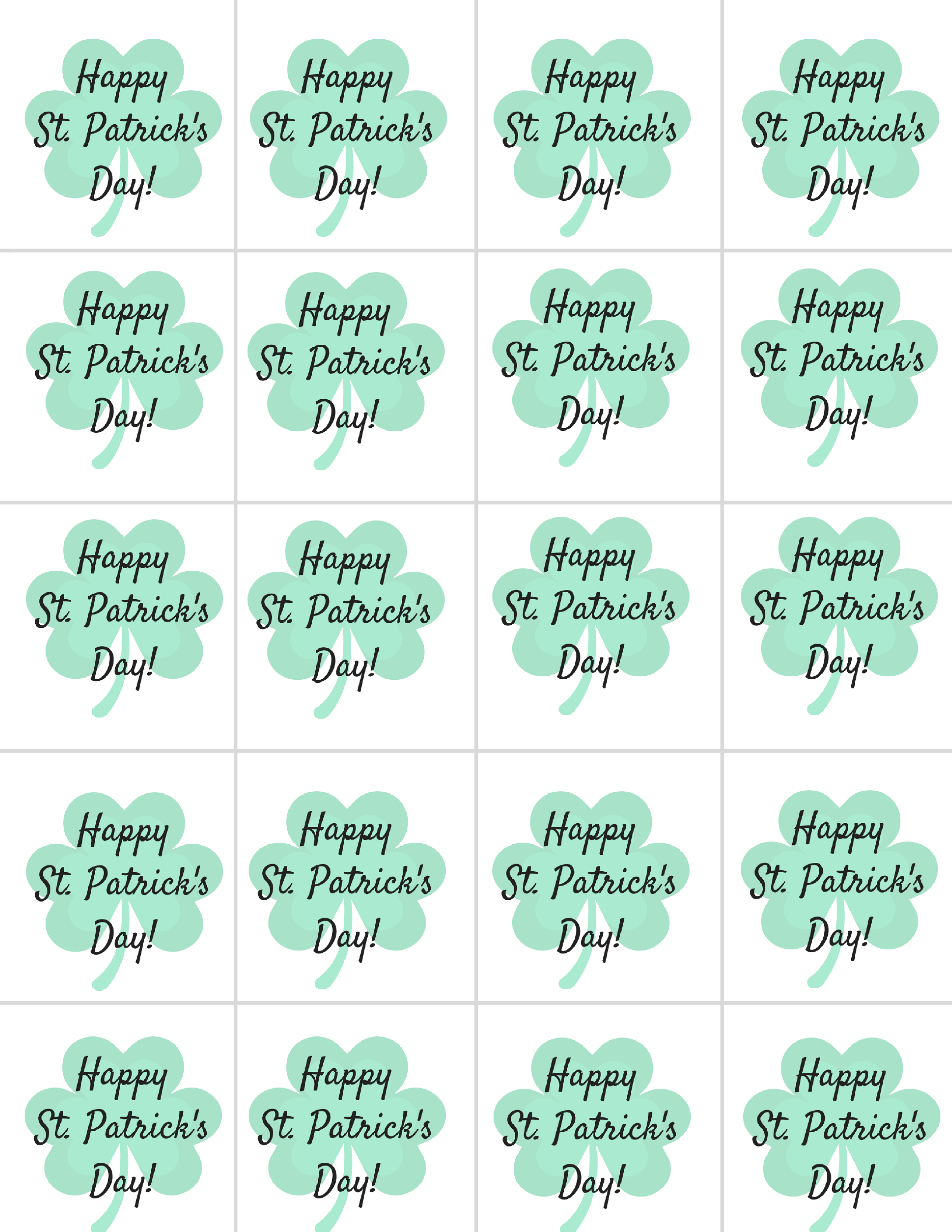 Example sheet of 20 printable tags on 1 page with shamrock in background that say "Happy St. Patrick's day"