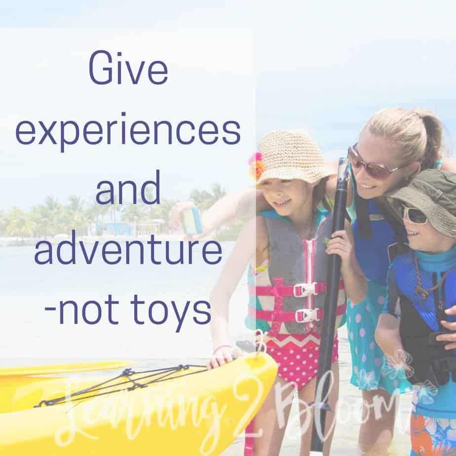 Kids and mom next to raft with title "Give experiences and adventures, not toys".