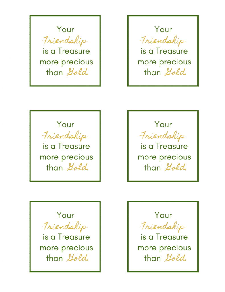 Example version of 6 tags that say "Your Friendship is a Treasure more precious than gold "
